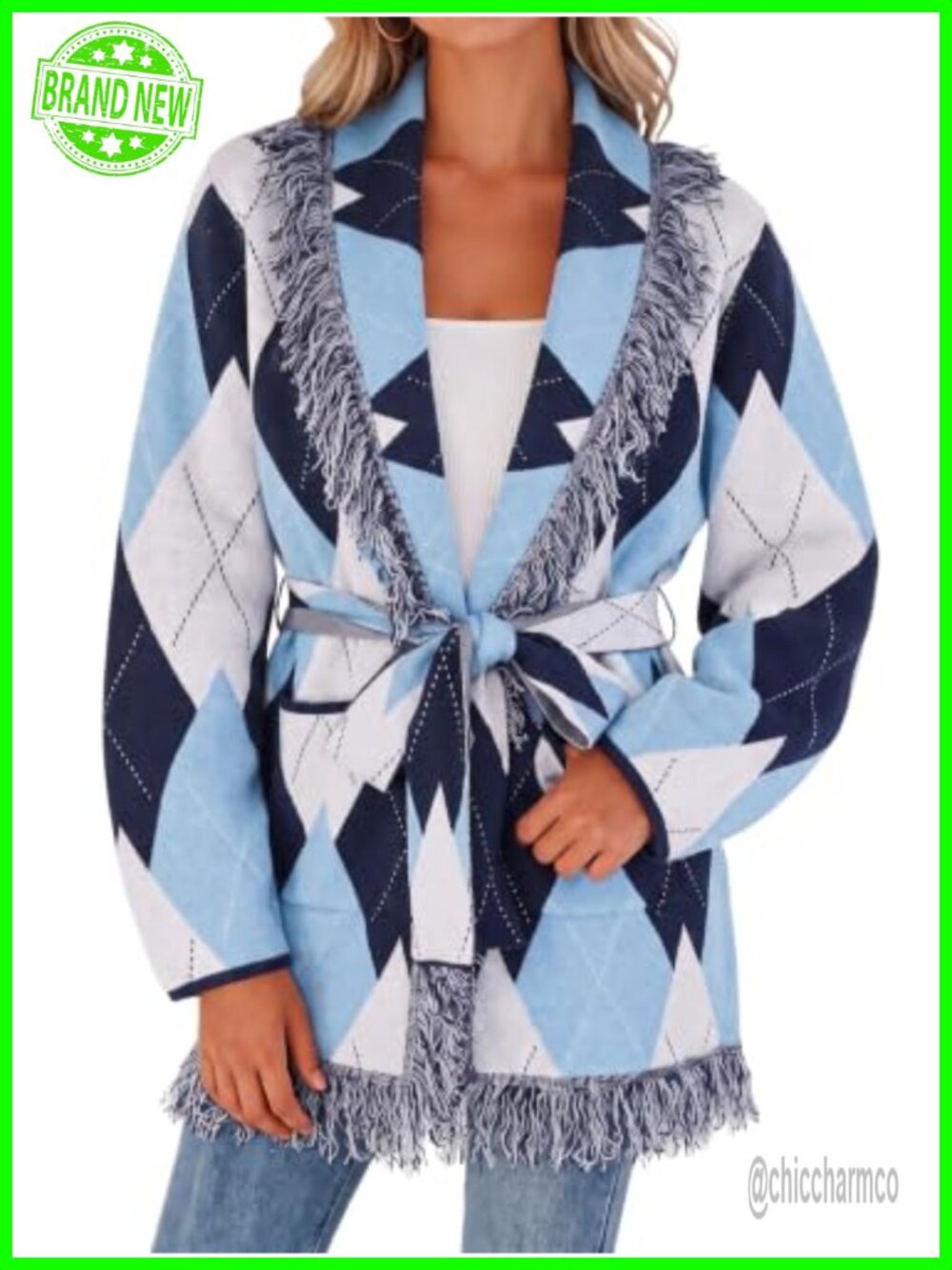 Argyle Fringe Open Front Cardigan Shawl Collar Belted Loose Knit Sweater